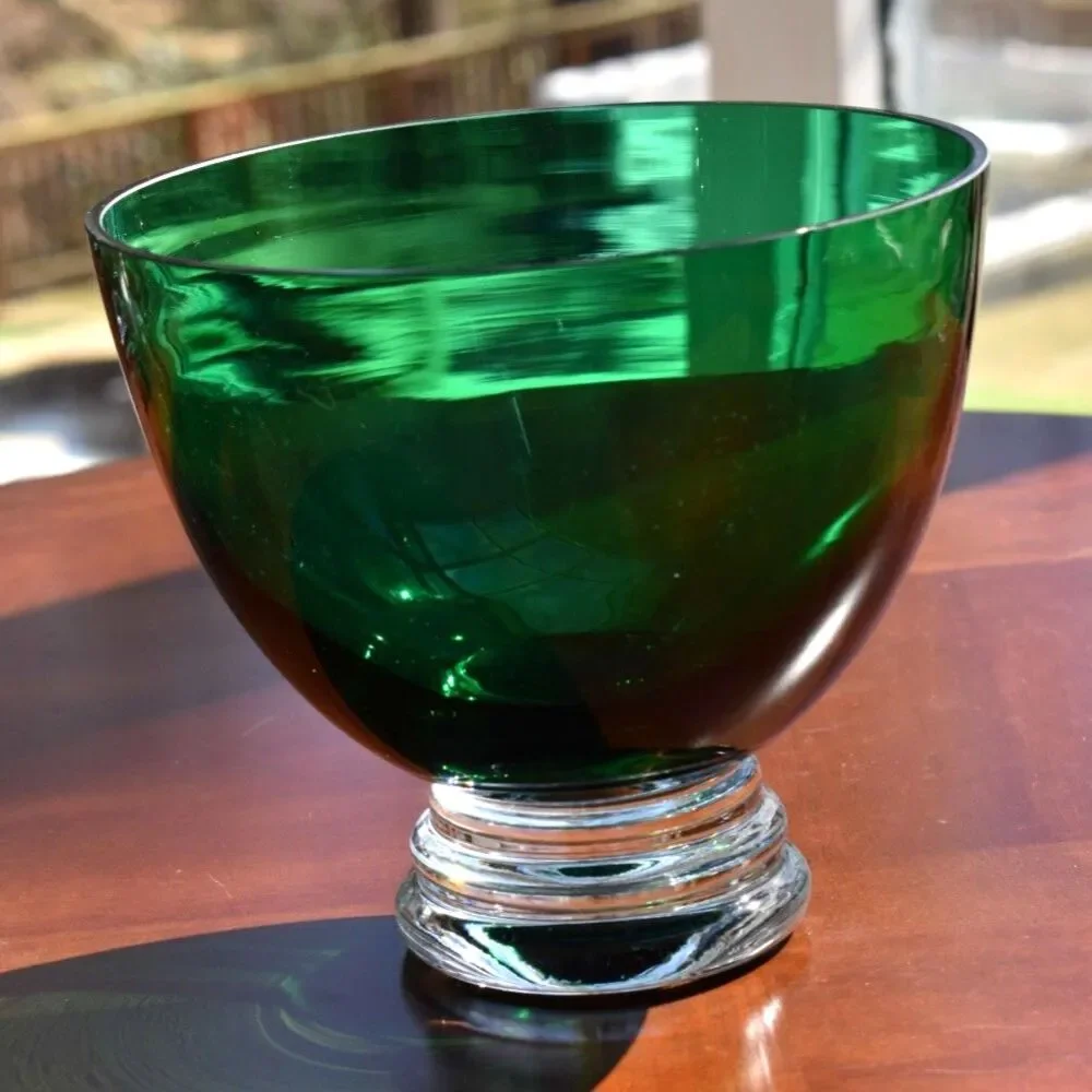 Vintage MCM Emerald Green Art Glass Centerpiece Bowl Clear Crystal Footed Base